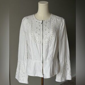 INC International Concepts White Linen Embroidered Bell Sleeves Zip Up Jacket-L